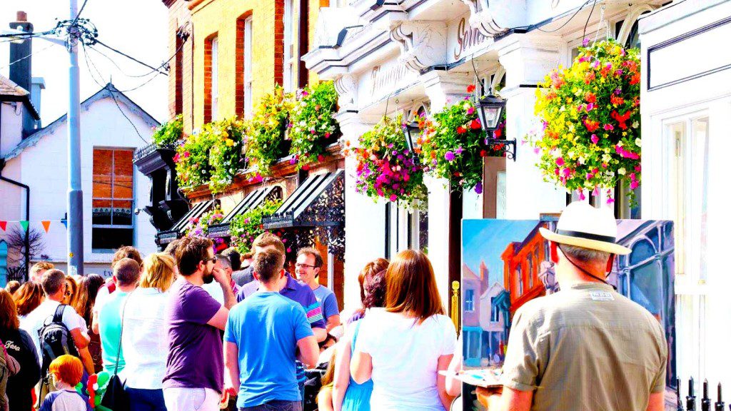 Local Artist Gerard Byrne and Crowd outside the Pub.