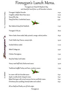 Finnegan's Dalkey Lunch Menu, Fish Pie, Cottage Pie, Fish Chowder, Dublin Bay Prawns, Smoked Salmon Salad, Honey Roast Duck, updated Christmas 2024
