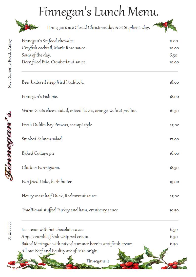 Finnegans Christmas Menu