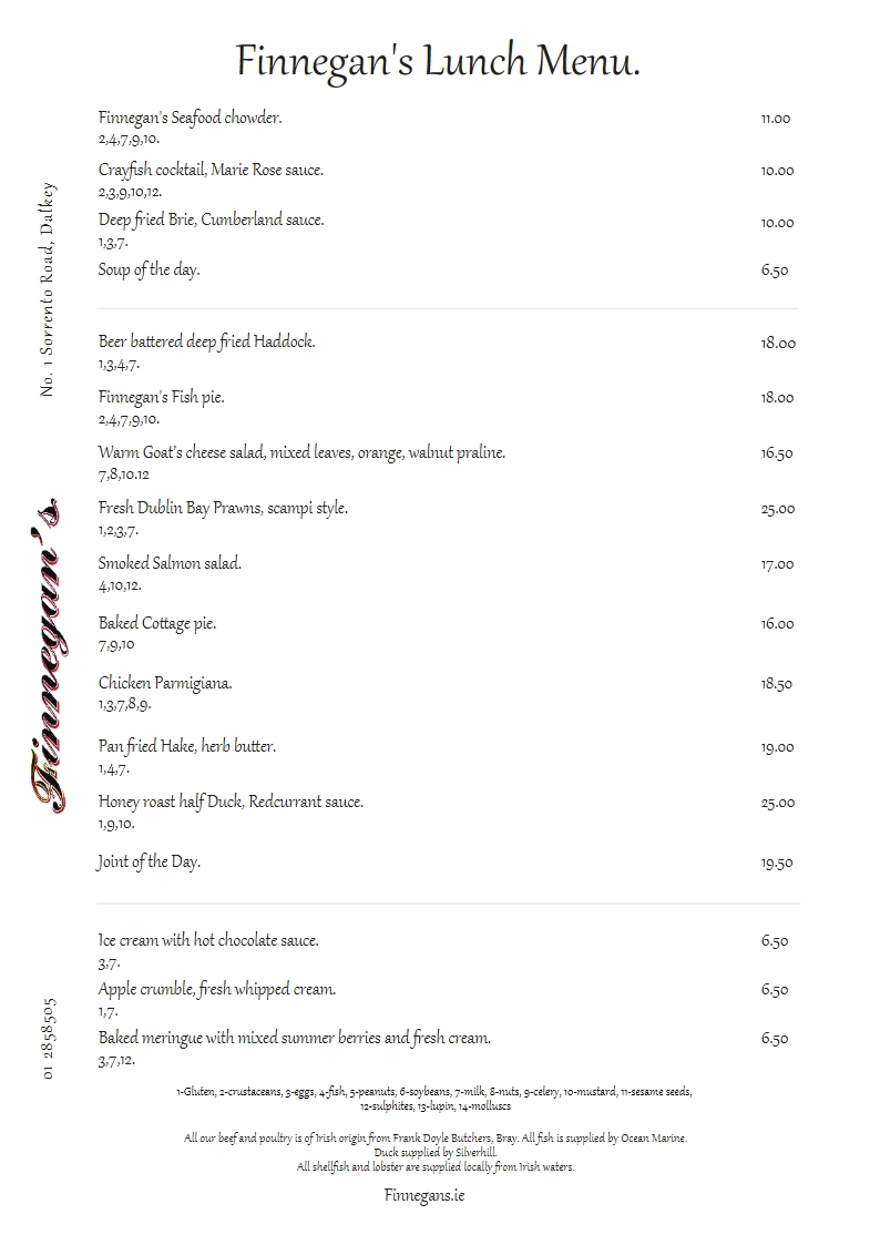 Finnegans 2026 Menu